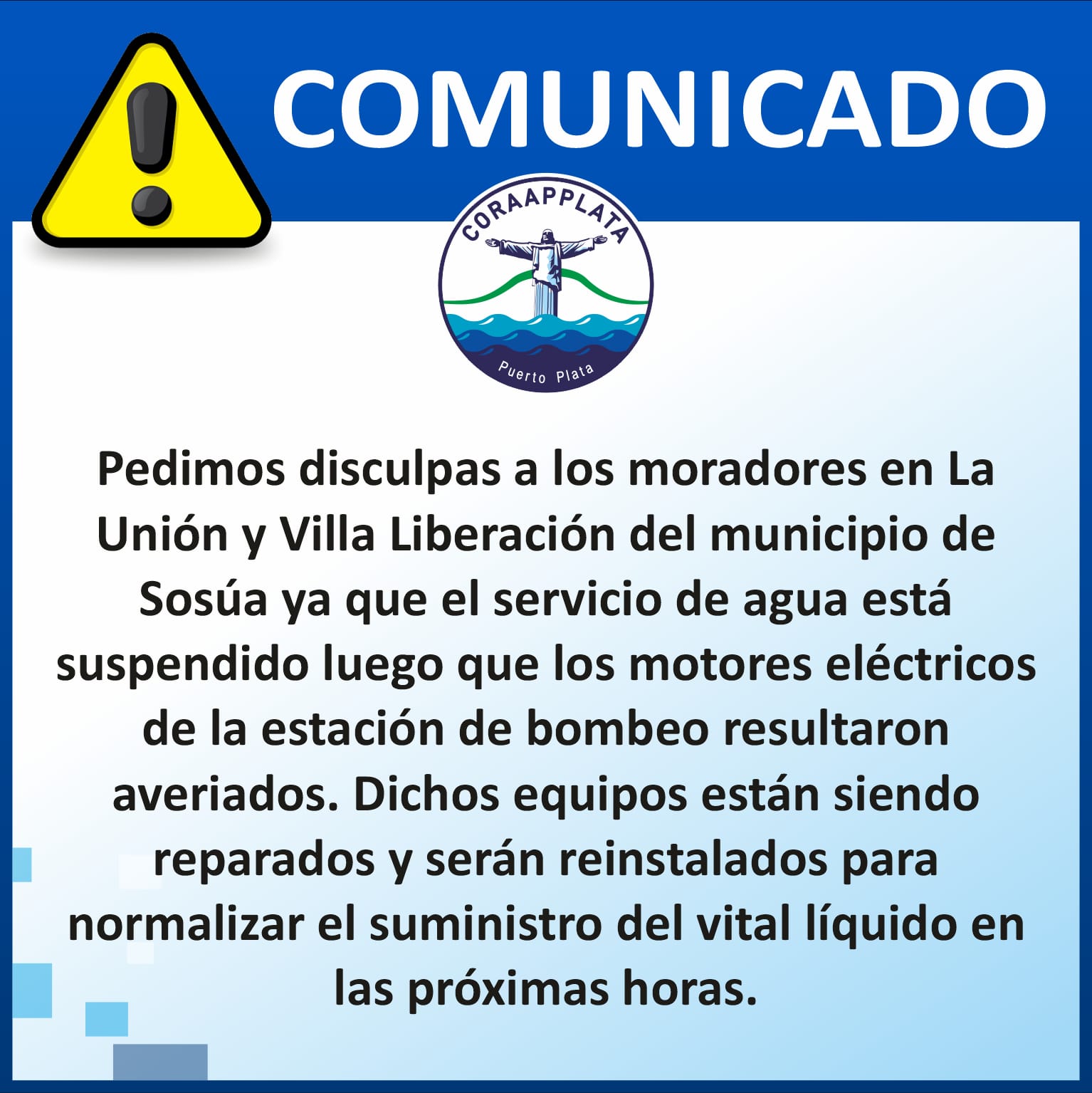 Servicio de agua afectado en La Unión y Villa por averías en los motores