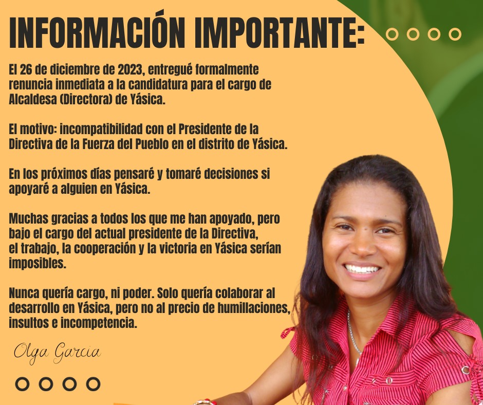 Olga García renuncia candidatura junta distrital de Yásica por la FP